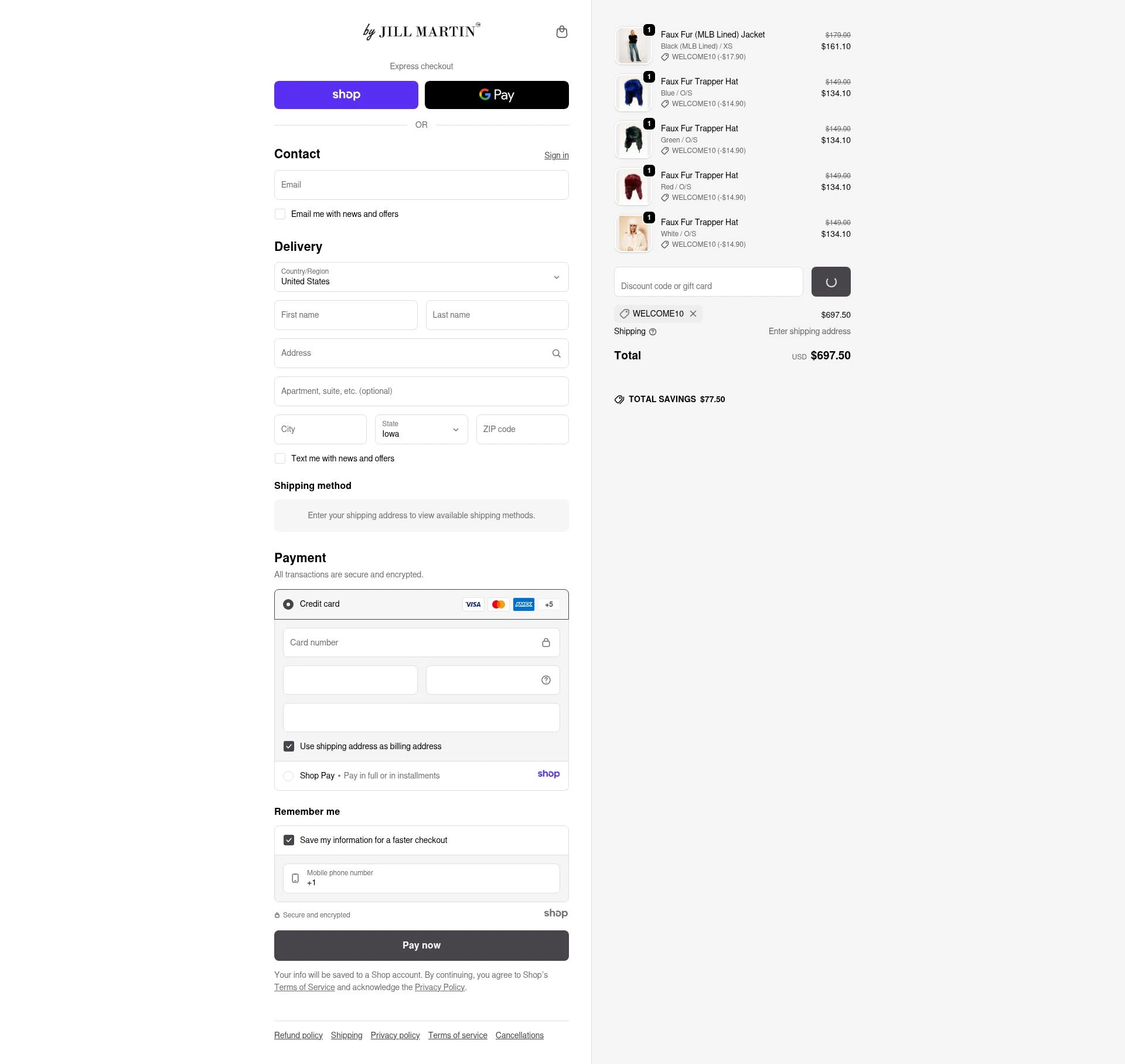 Jill Martin checkout page showing Jill Martin discount code box | Screenshot taken by SimplyCodes community member on Dec 29, 2025