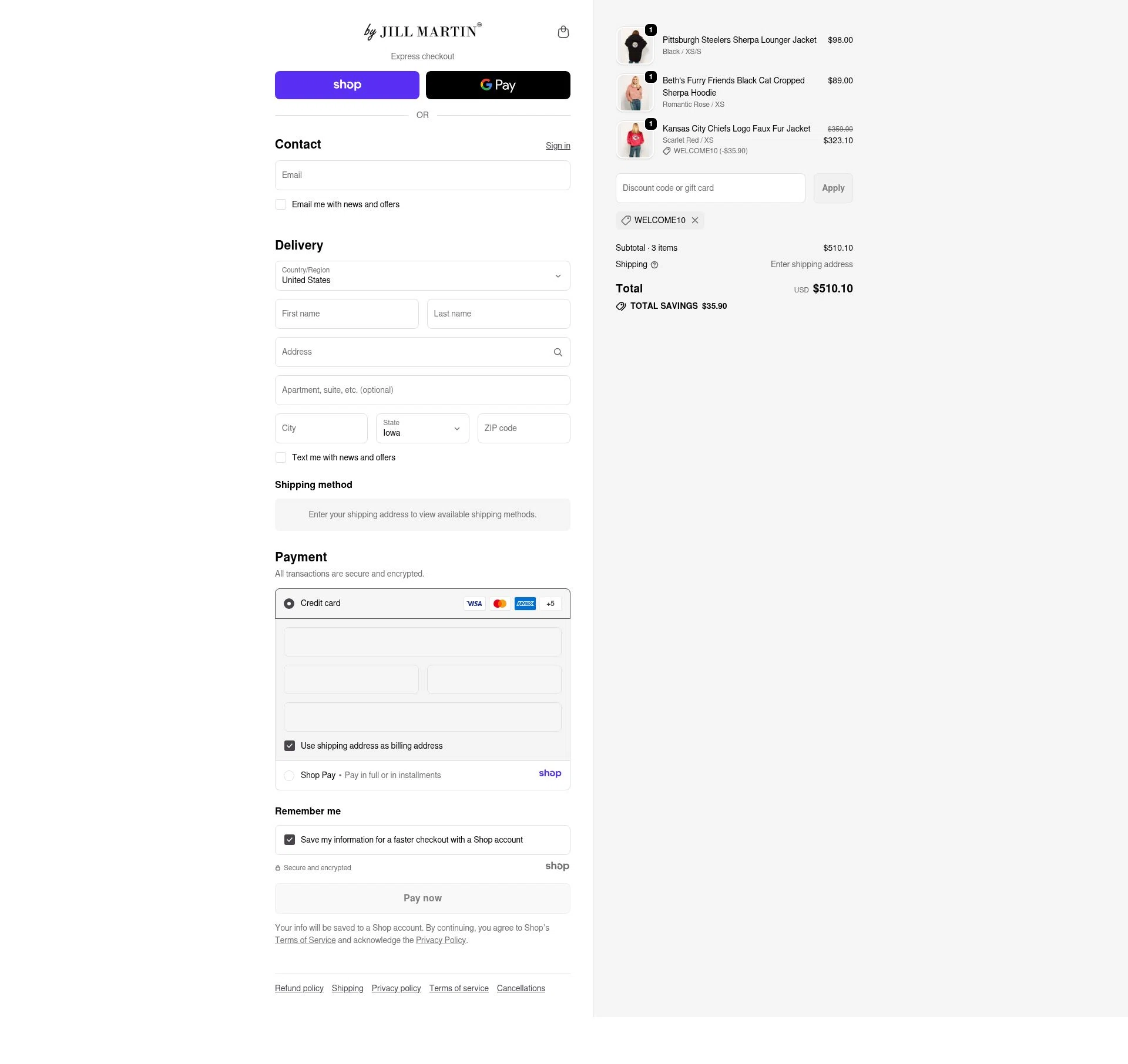 Jill Martin checkout page showing Jill Martin discount code box | Screenshot taken by SimplyCodes community member on Dec 6, 2025