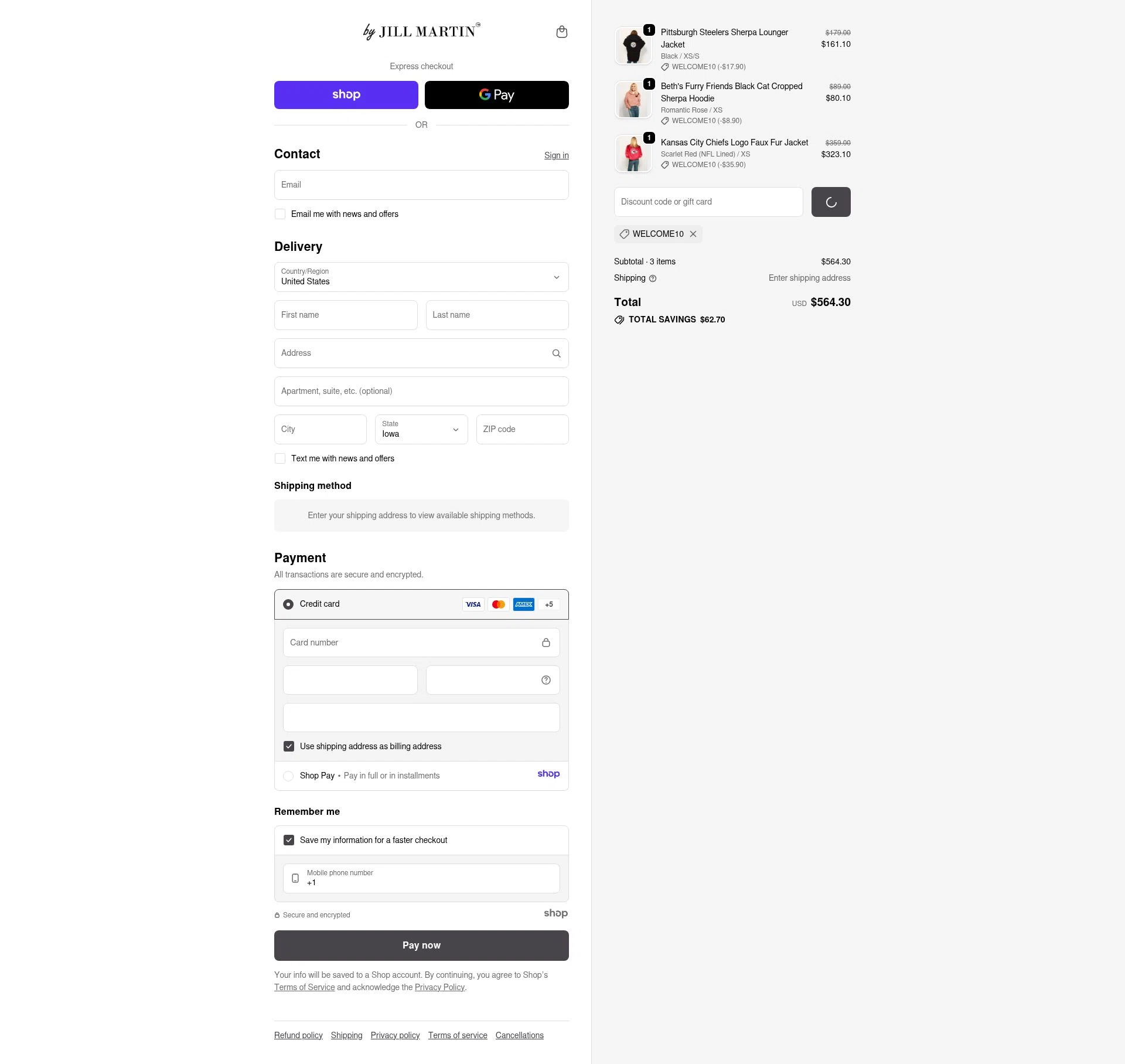 Jill Martin checkout page showing Jill Martin discount code box | Screenshot taken by SimplyCodes community member on Dec 18, 2025