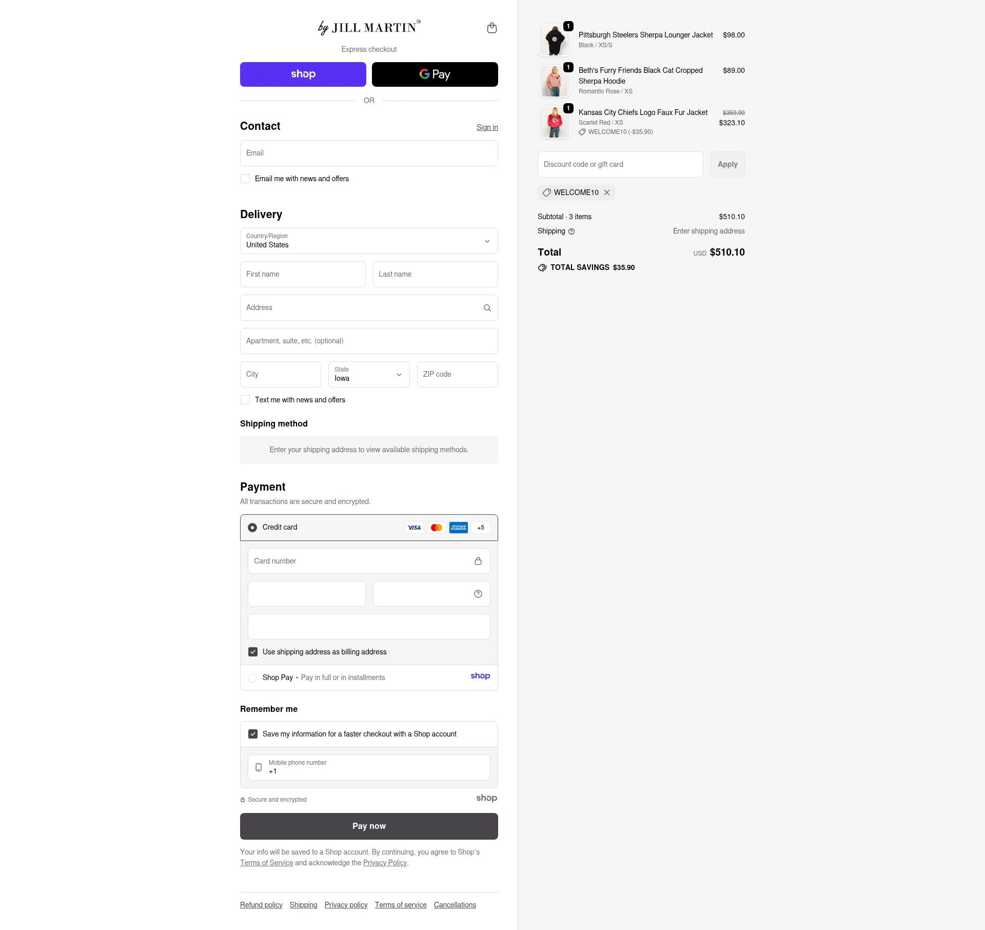 Jill Martin checkout page showing Jill Martin discount code box | Screenshot taken by SimplyCodes community member on Nov 30, 2025