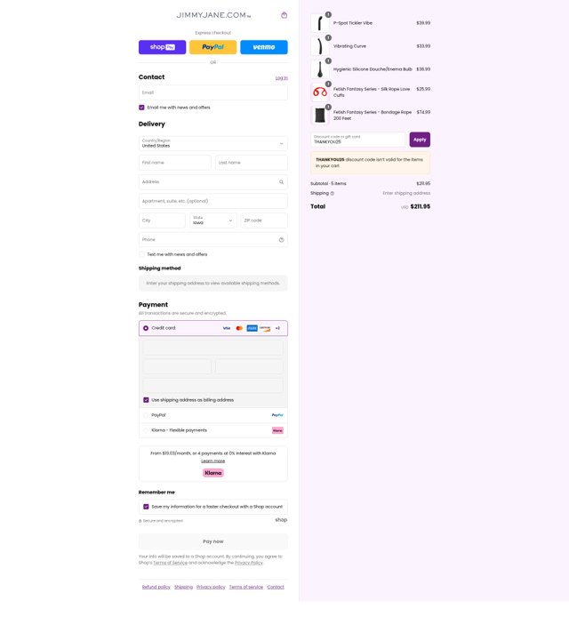Jimmy Jane checkout page showing Jimmy Jane discount code box | Screenshot taken by SimplyCodes community member on Aug 26, 2025