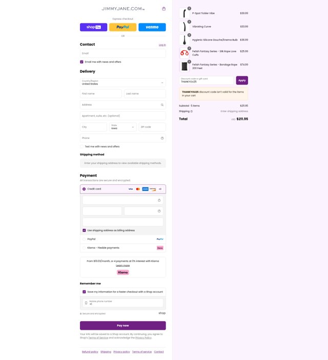 Jimmy Jane checkout page showing Jimmy Jane discount code box | Screenshot taken by SimplyCodes community member on Aug 22, 2025