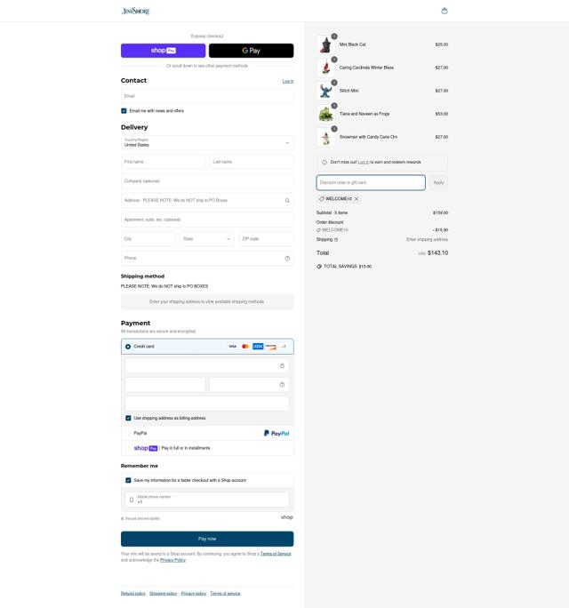 Jim Shore checkout page showing Jim Shore discount code box | Screenshot taken by SimplyCodes community member on Apr 18, 2025