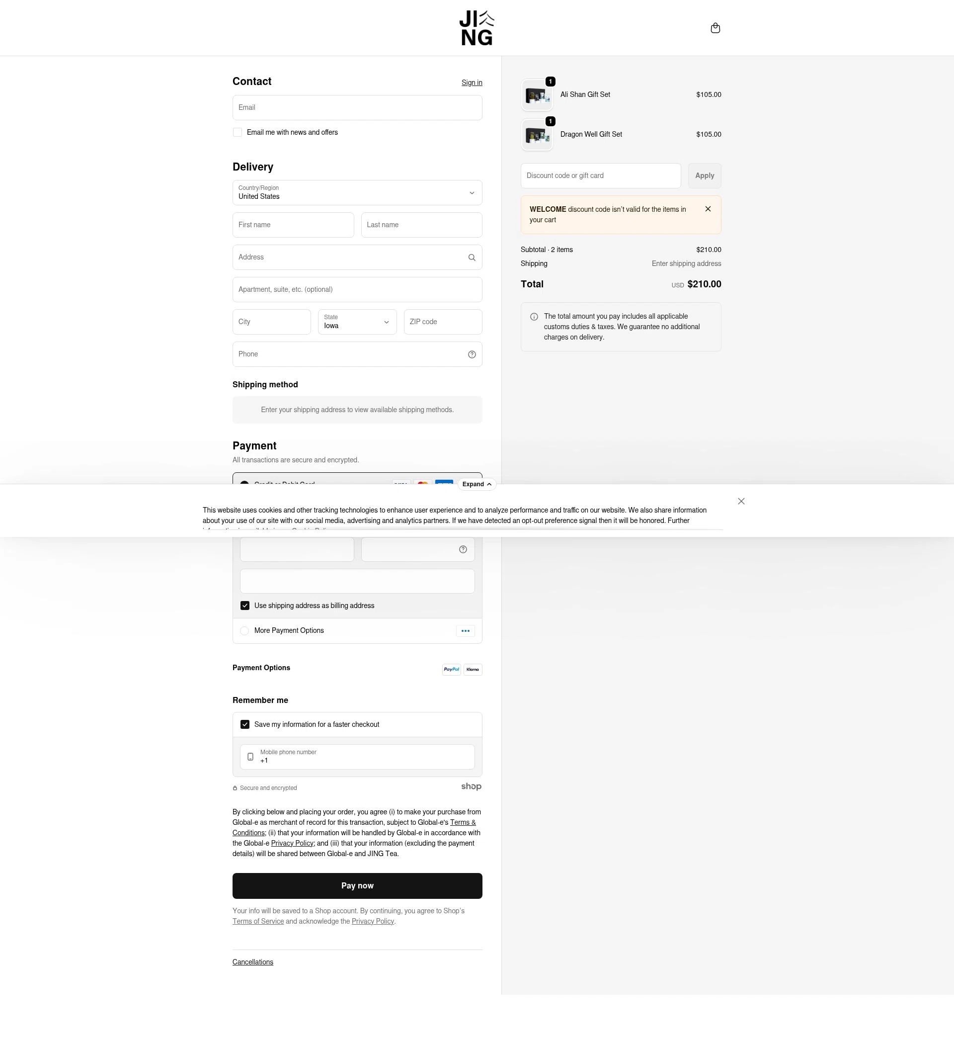 Jing Tea checkout page showing Jing Tea promo code box | Screenshot taken by SimplyCodes community member on Dec 24, 2025