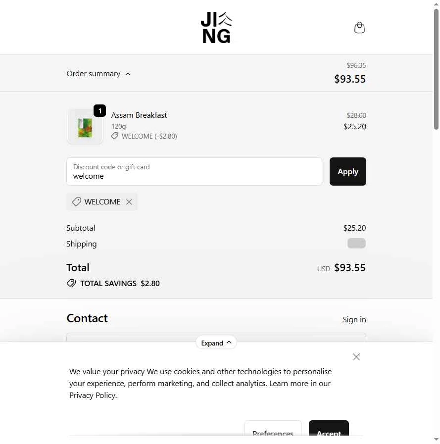 Jing Tea checkout page showing Jing Tea promo code box | Screenshot taken by SimplyCodes community member on Dec 29, 2025