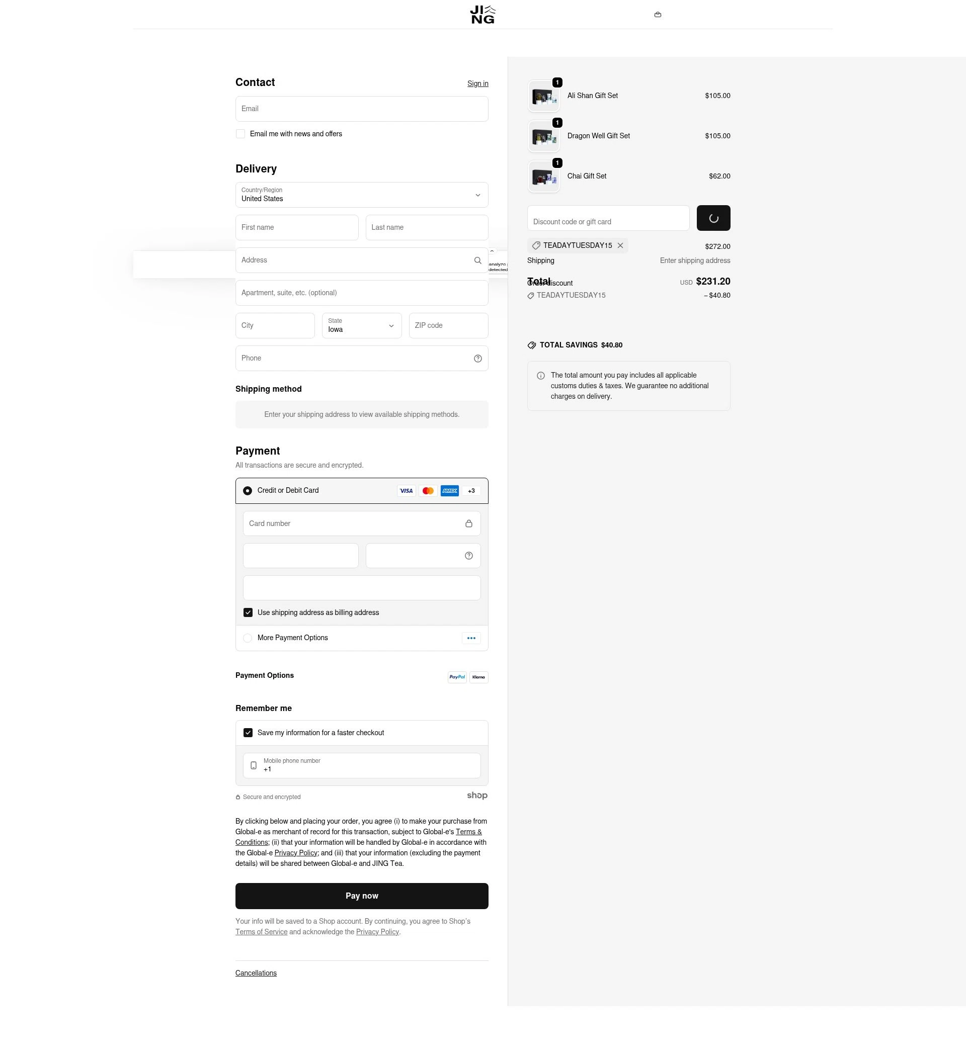 Jing Tea checkout page showing Jing Tea promo code box | Screenshot taken by SimplyCodes community member on Dec 17, 2025