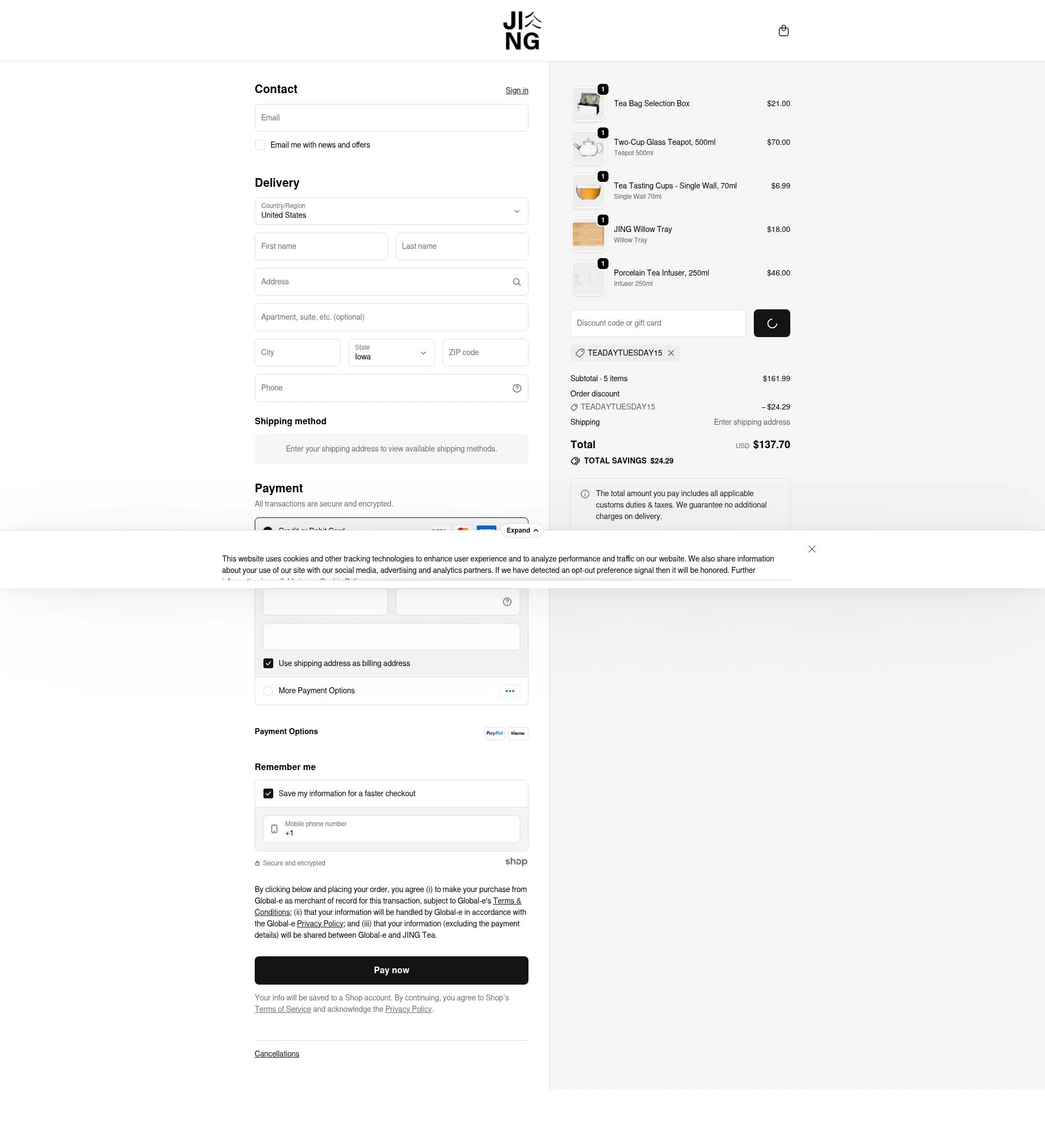 Jing Tea checkout page showing Jing Tea promo code box | Screenshot taken by SimplyCodes community member on Jan 8, 2026
