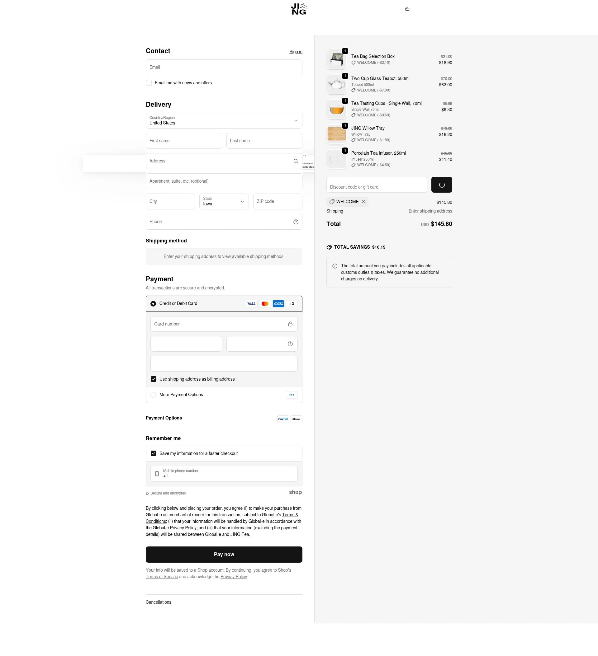 Jing Tea checkout page showing Jing Tea promo code box | Screenshot taken by SimplyCodes community member on Jan 8, 2026