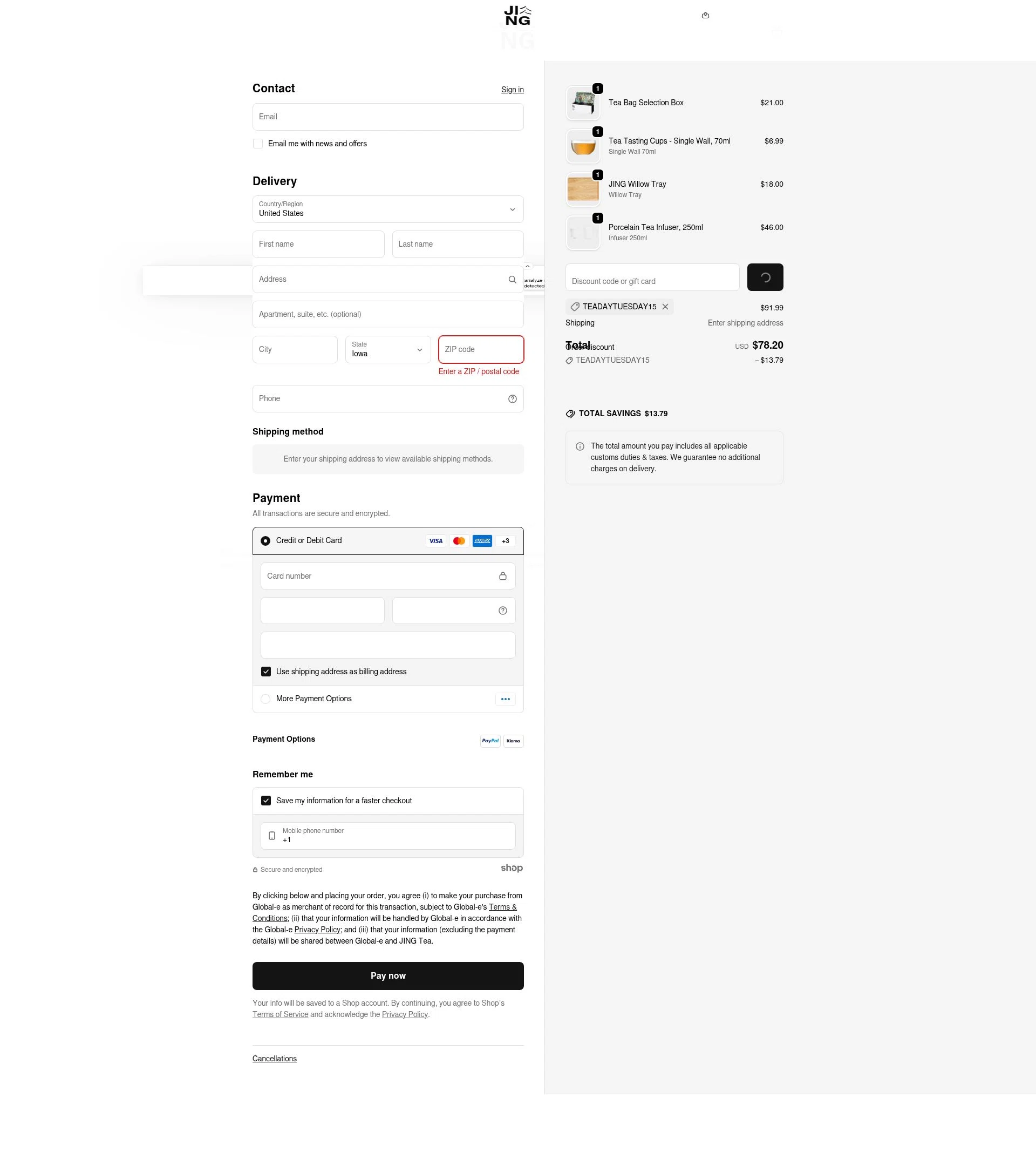 Jing Tea checkout page showing Jing Tea promo code box | Screenshot taken by SimplyCodes community member on Jan 3, 2026