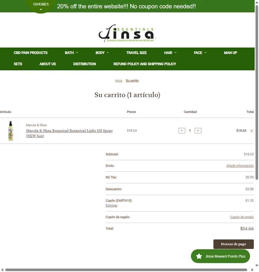 Jinsa Essentials checkout page showing Jinsa Essentials coupon code box | Screenshot taken by SimplyCodes community member on Dec 13, 2025
