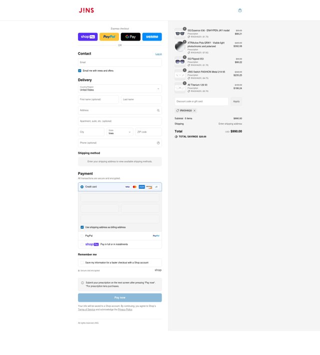 JINS Eyewear checkout page showing JINS Eyewear promo code box | Screenshot taken by SimplyCodes community member on Aug 12, 2025