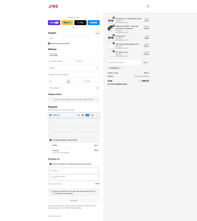 JINS Eyewear checkout page showing JINS Eyewear promo code box | Screenshot taken by SimplyCodes community member on Aug 16, 2025