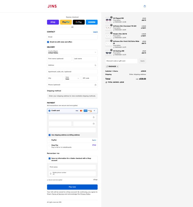 JINS Eyewear checkout page showing JINS Eyewear promo code box | Screenshot taken by SimplyCodes community member on Aug 30, 2025