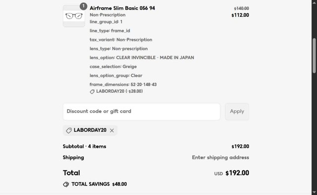 JINS Eyewear checkout page showing JINS Eyewear promo code box | Screenshot taken by SimplyCodes community member on Aug 29, 2025