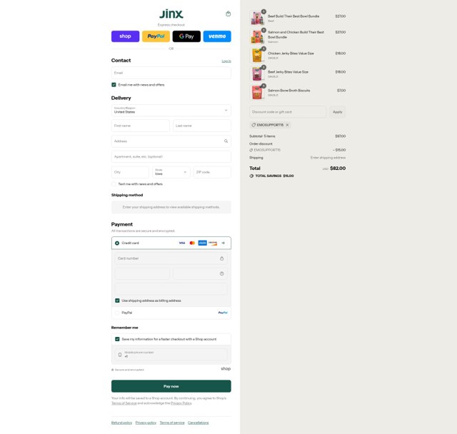 Jinx Premium Dog Food checkout page showing Jinx Premium Dog Food promo code box | Screenshot taken by SimplyCodes community member on Sep 1, 2025