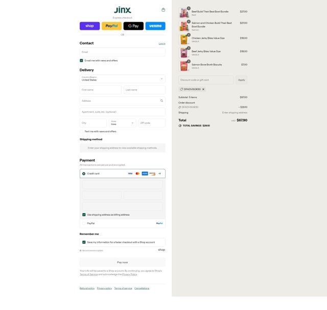 Jinx Premium Dog Food checkout page showing Jinx Premium Dog Food promo code box | Screenshot taken by SimplyCodes community member on Sep 1, 2025