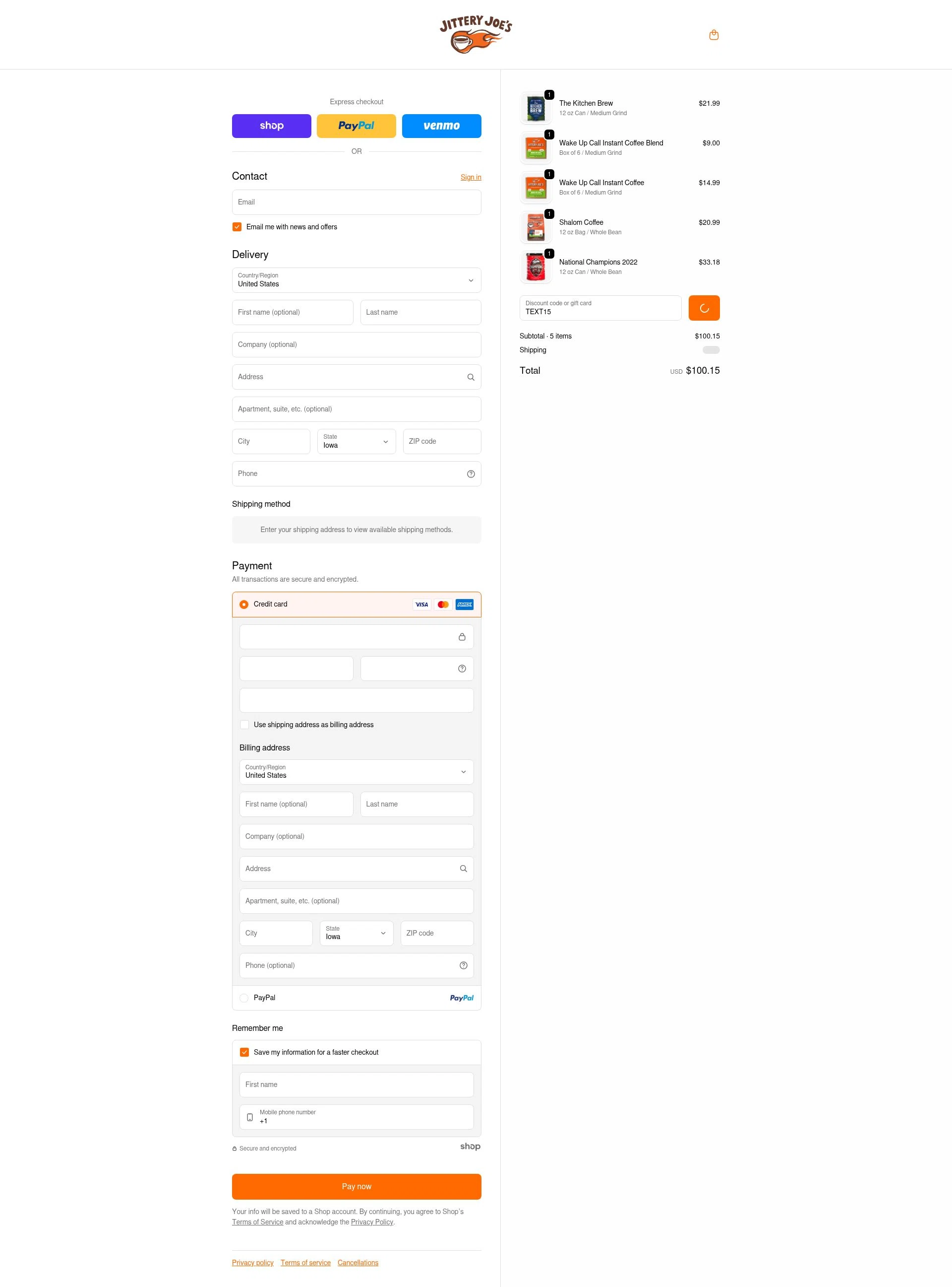 Jittery Joe's checkout page showing Jittery Joe's discount code box | Screenshot taken by SimplyCodes community member on Jan 23, 2026