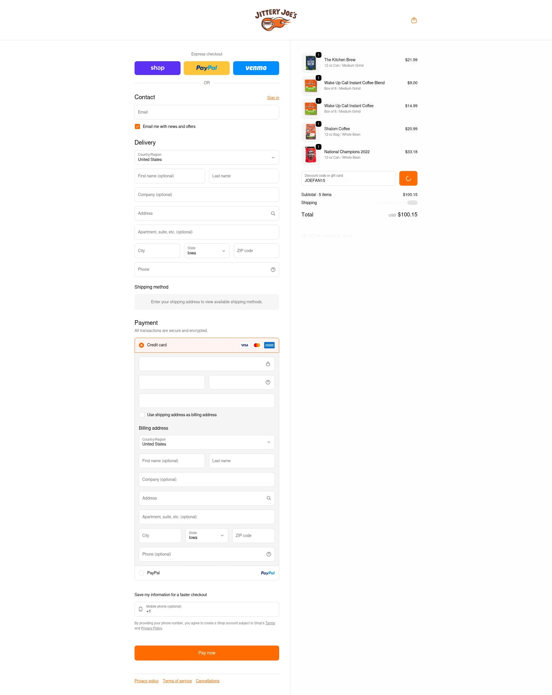 Jittery Joe's checkout page showing Jittery Joe's discount code box | Screenshot taken by SimplyCodes community member on Feb 1, 2026