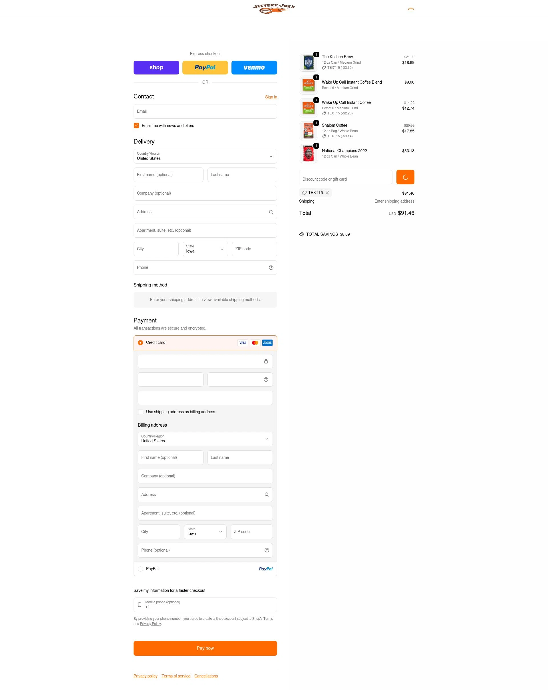 Jittery Joe's checkout page showing Jittery Joe's discount code box | Screenshot taken by SimplyCodes community member on Feb 5, 2026
