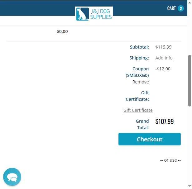 J&J Dog Supplies checkout page showing J&J Dog Supplies promo code box | Screenshot taken by SimplyCodes community member on Jan 8, 2026