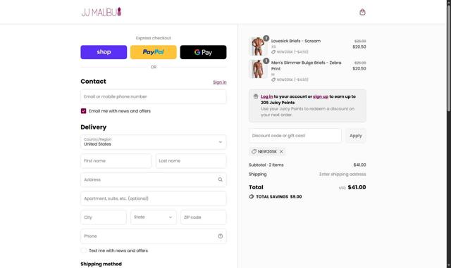 JJ Malibu checkout page showing JJ Malibu discount code box | Screenshot taken by SimplyCodes community member on Sep 11, 2025