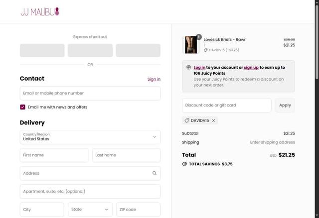 JJ Malibu checkout page showing JJ Malibu discount code box | Screenshot taken by SimplyCodes community member on Sep 11, 2025