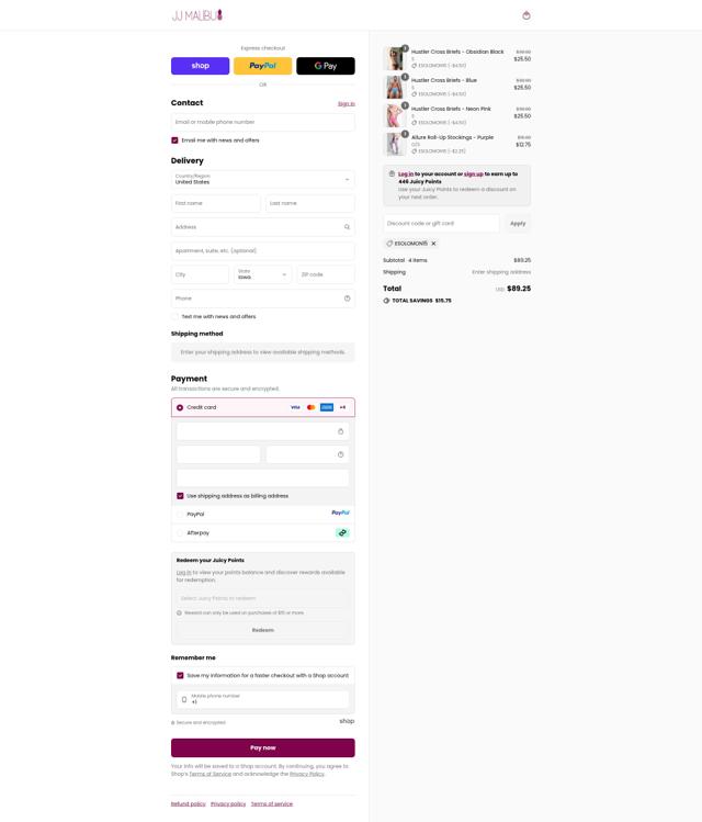 JJ Malibu checkout page showing JJ Malibu discount code box | Screenshot taken by SimplyCodes community member on Sep 11, 2025