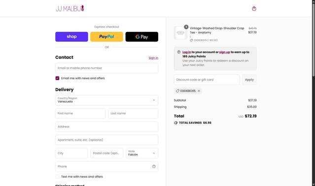 JJ Malibu checkout page showing JJ Malibu discount code box | Screenshot taken by SimplyCodes community member on Sep 11, 2025