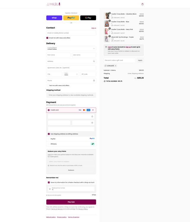 JJ Malibu checkout page showing JJ Malibu discount code box | Screenshot taken by SimplyCodes community member on Sep 11, 2025