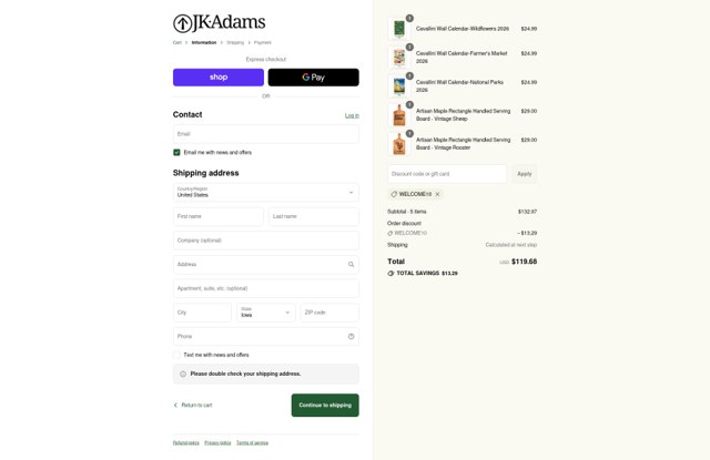 J.K. Adams checkout page showing J.K. Adams promo code box | Screenshot taken by SimplyCodes community member on Sep 4, 2025