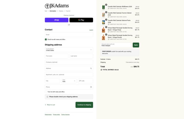 J.K. Adams checkout page showing J.K. Adams promo code box | Screenshot taken by SimplyCodes community member on Aug 31, 2025