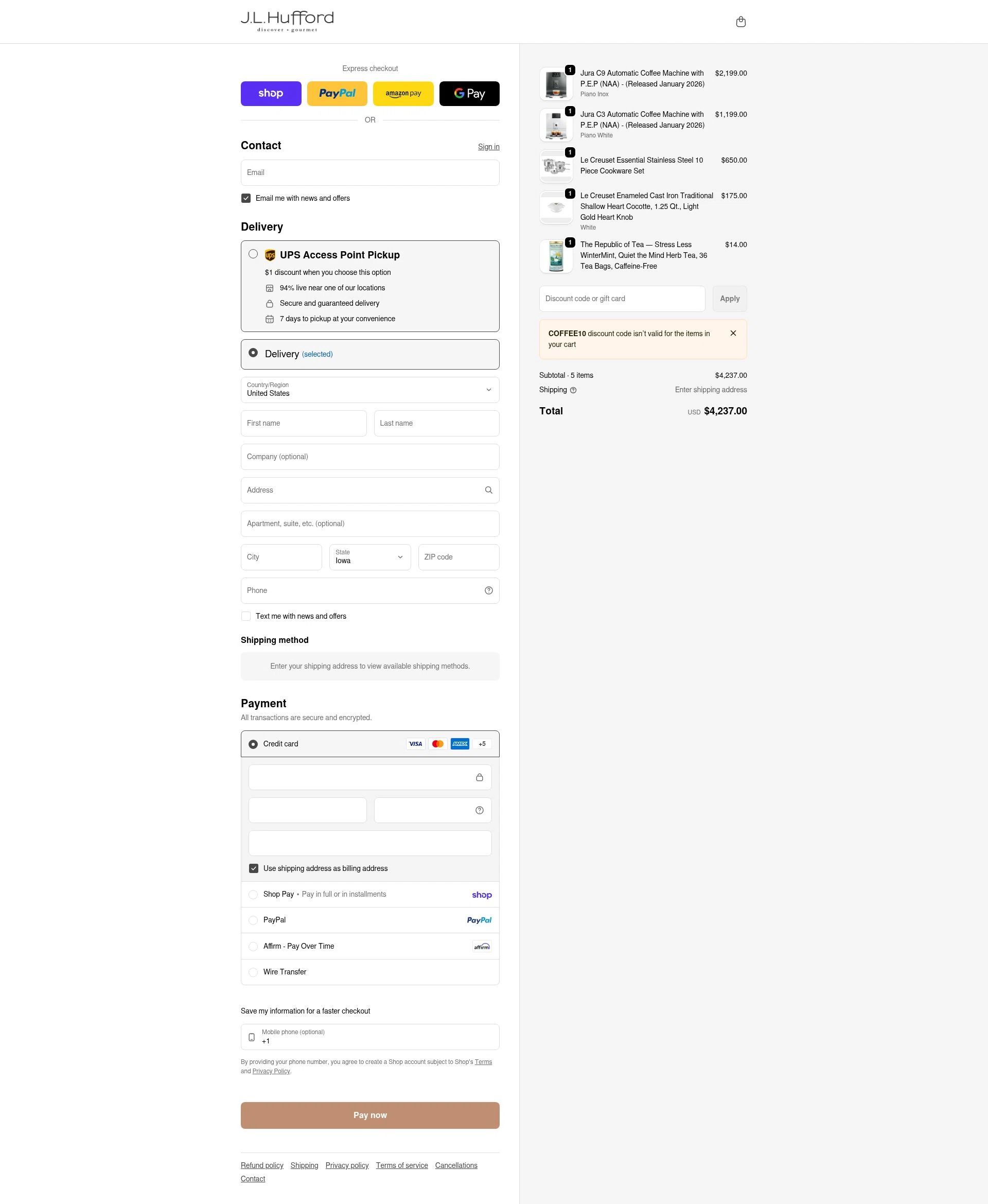 J.L. Hufford checkout page showing J.L. Hufford promo code box | Screenshot taken by SimplyCodes community member on Feb 5, 2026
