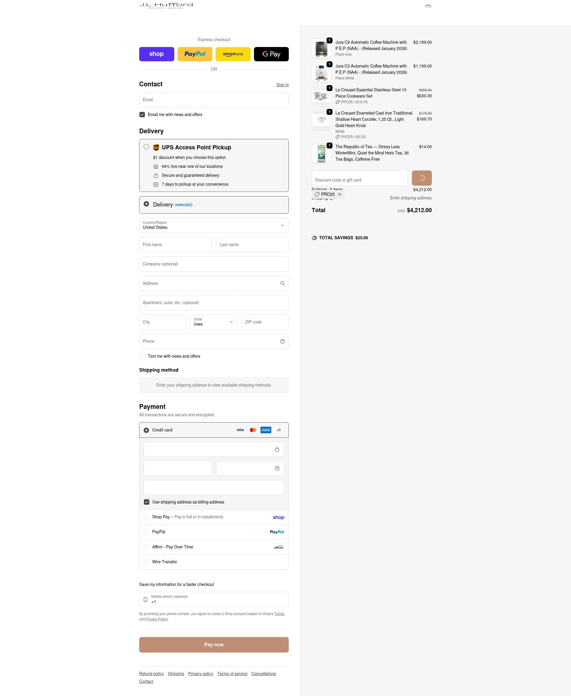 J.L. Hufford checkout page showing J.L. Hufford promo code box | Screenshot taken by SimplyCodes community member on Feb 5, 2026
