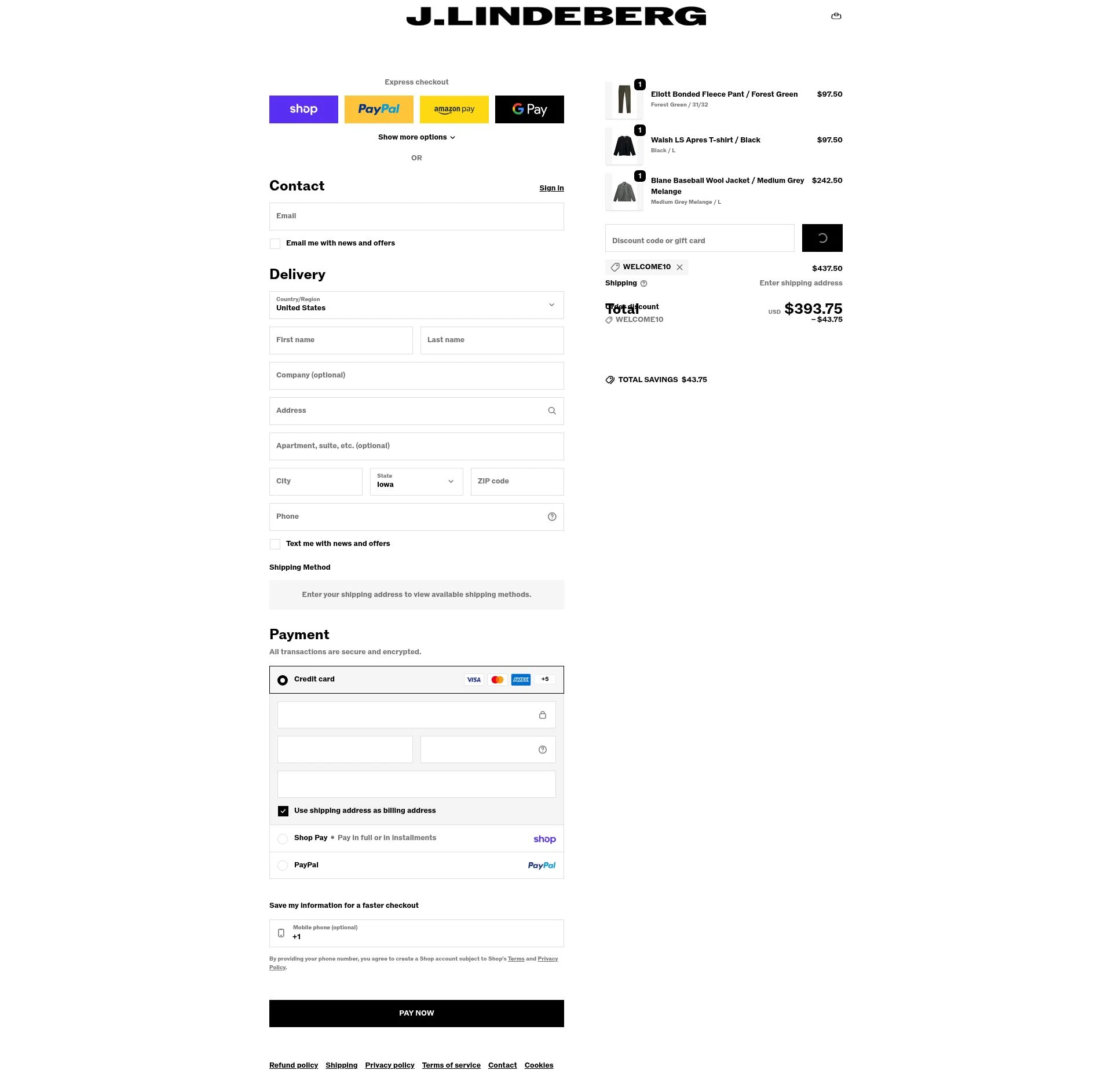 J. Lindeberg checkout page showing J. Lindeberg promo code box | Screenshot taken by SimplyCodes community member on Feb 1, 2026