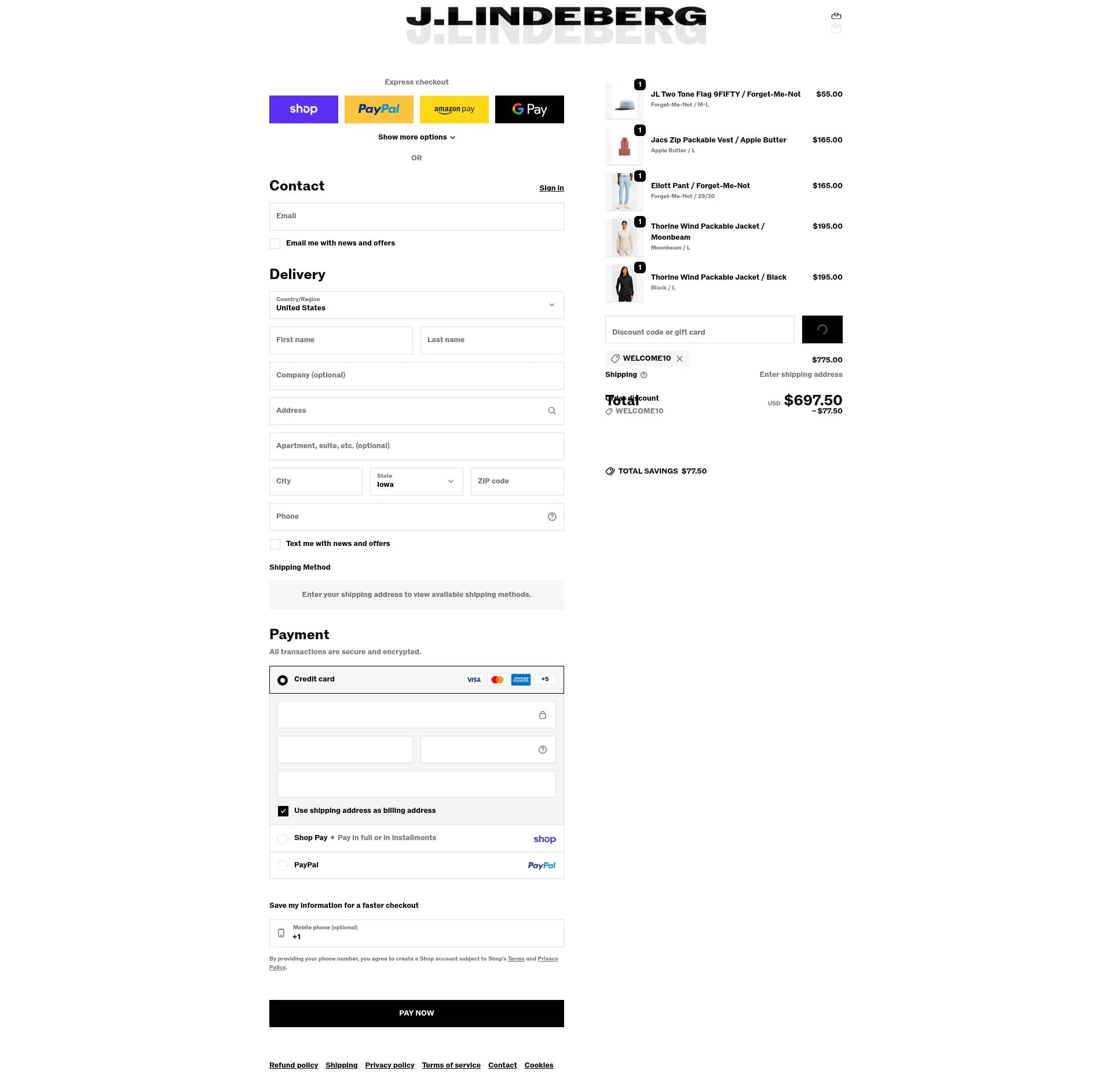 J. Lindeberg checkout page showing J. Lindeberg promo code box | Screenshot taken by SimplyCodes community member on Feb 14, 2026