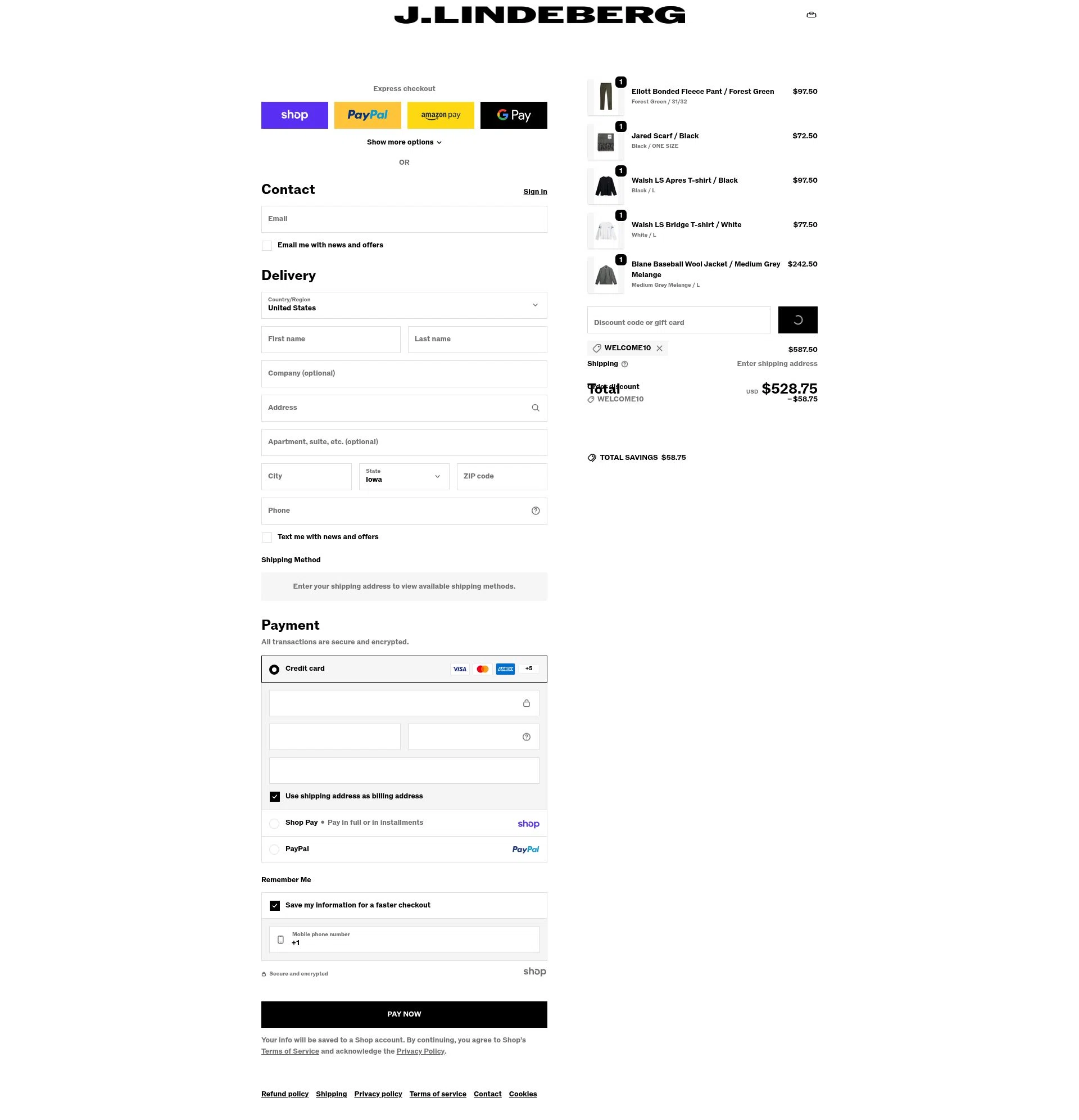 J. Lindeberg checkout page showing J. Lindeberg promo code box | Screenshot taken by SimplyCodes community member on Jan 27, 2026