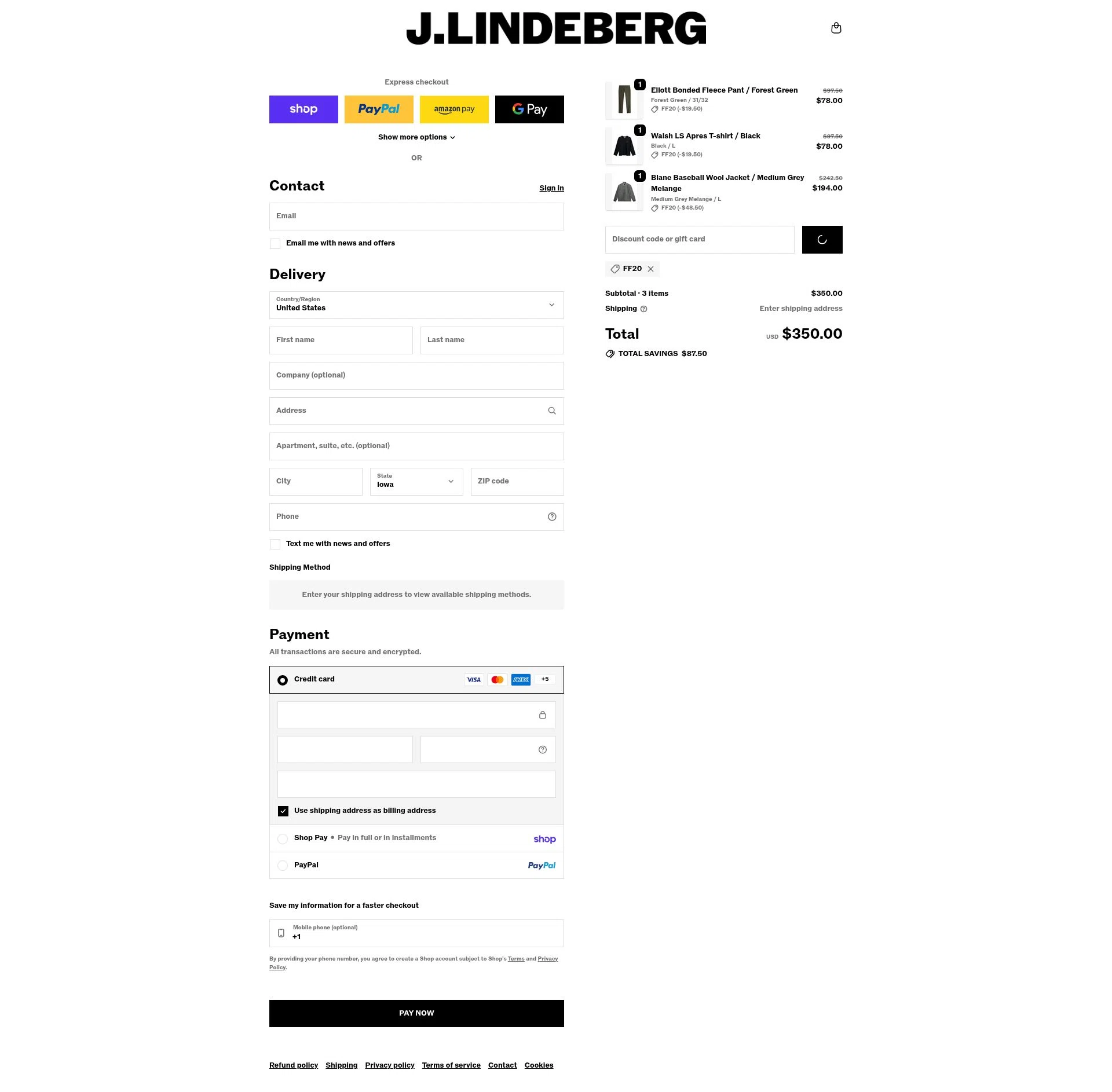 J. Lindeberg checkout page showing J. Lindeberg promo code box | Screenshot taken by SimplyCodes community member on Feb 1, 2026