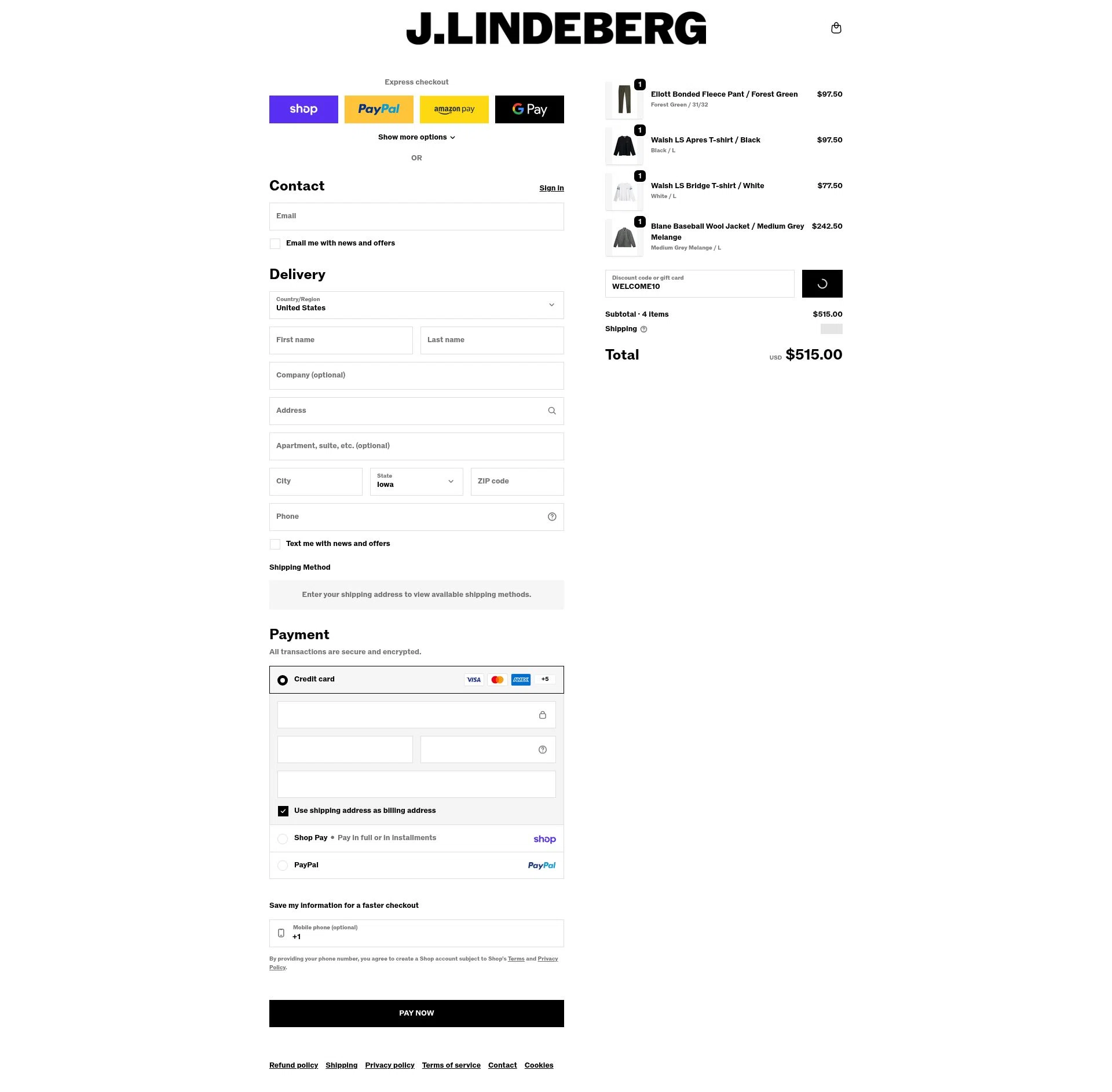 J. Lindeberg checkout page showing J. Lindeberg promo code box | Screenshot taken by SimplyCodes community member on Feb 5, 2026