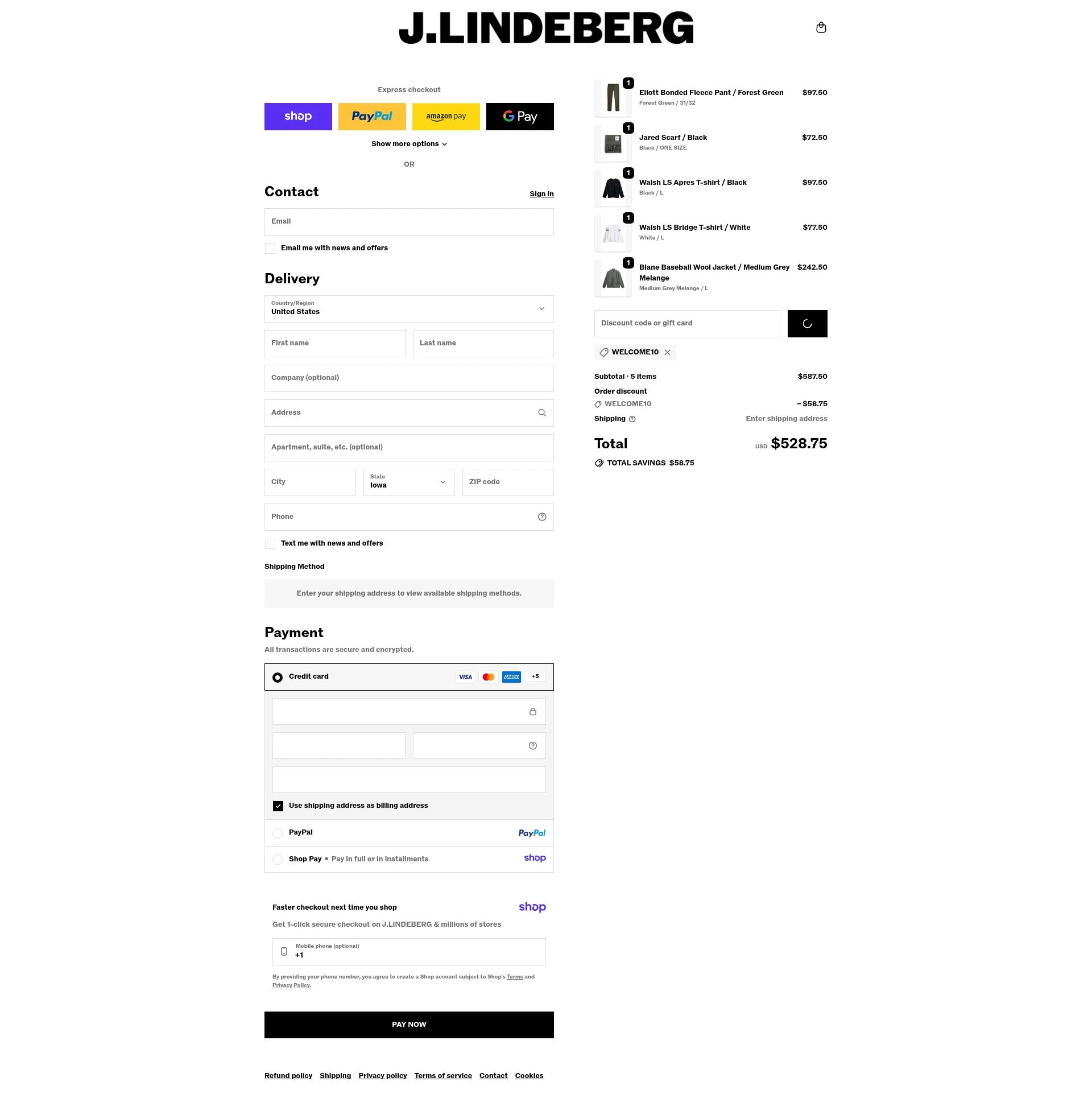 J. Lindeberg checkout page showing J. Lindeberg promo code box | Screenshot taken by SimplyCodes community member on Jan 18, 2026