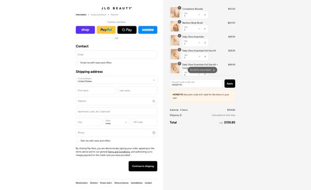JLo Beauty checkout page showing JLo Beauty discount code box | Screenshot taken by SimplyCodes community member on Sep 8, 2025