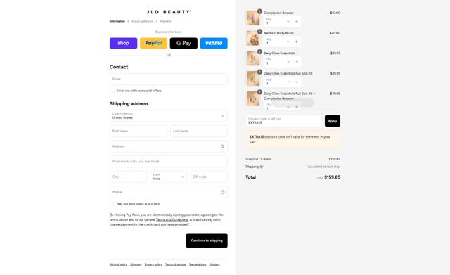 JLo Beauty checkout page showing JLo Beauty discount code box | Screenshot taken by SimplyCodes community member on Sep 8, 2025