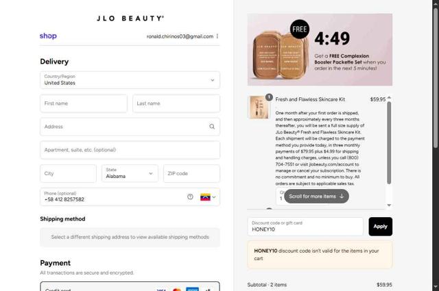 JLo Beauty checkout page showing JLo Beauty discount code box | Screenshot taken by SimplyCodes community member on Sep 14, 2025