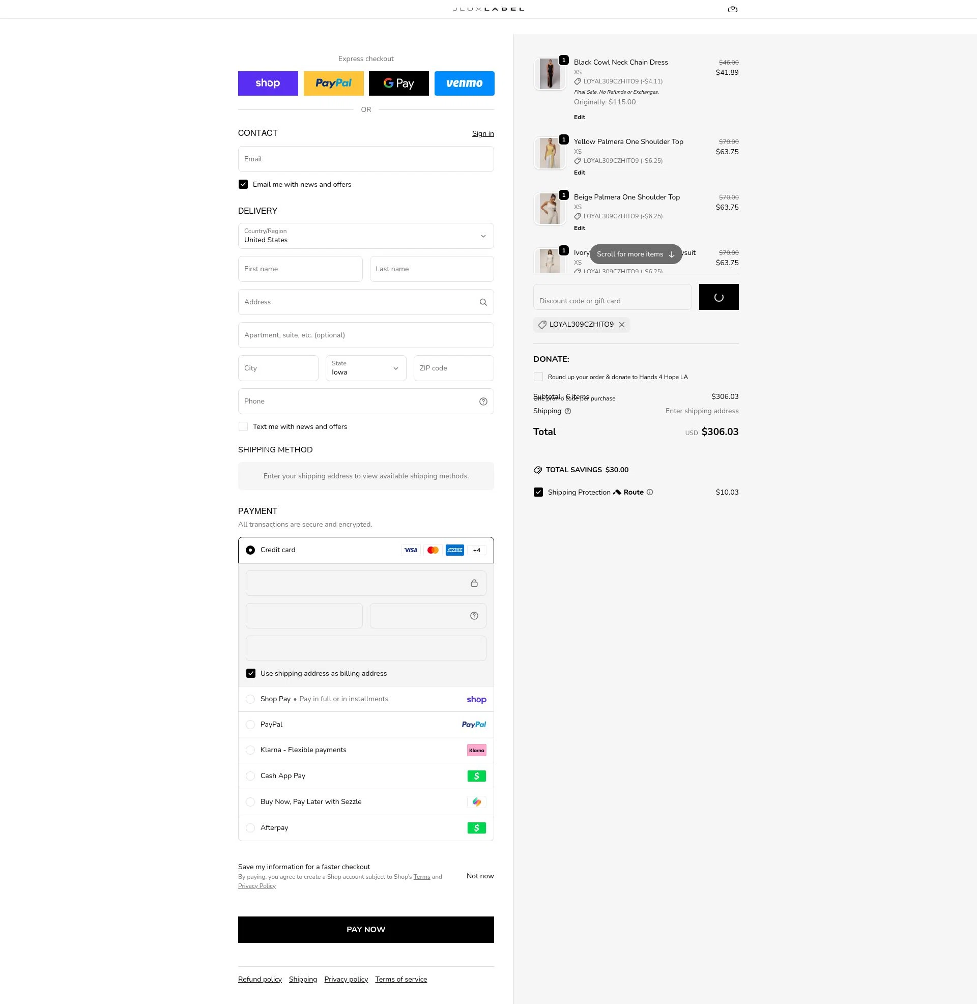 Jlux Label checkout page showing Jlux Label coupon code box | Screenshot taken by SimplyCodes community member on Feb 15, 2026