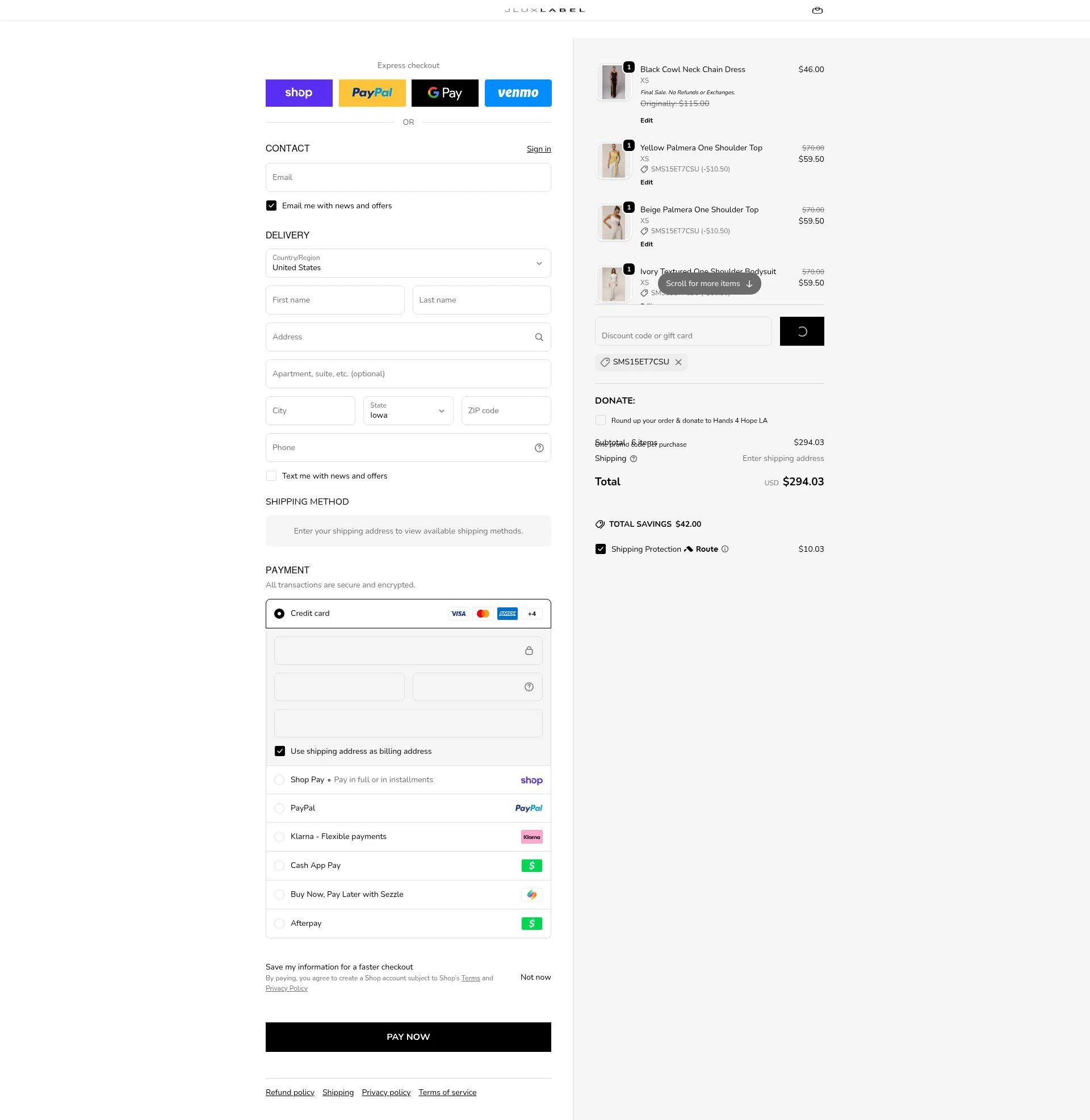 Jlux Label checkout page showing Jlux Label coupon code box | Screenshot taken by SimplyCodes community member on Feb 15, 2026