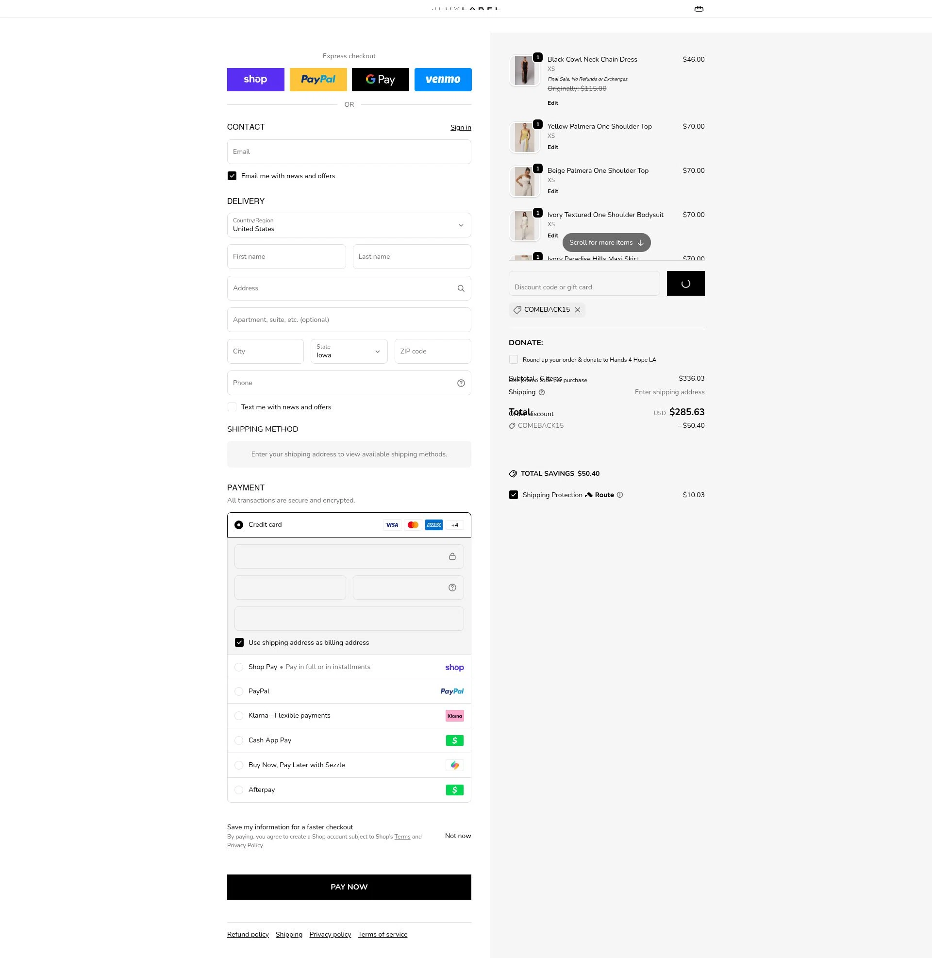 Jlux Label checkout page showing Jlux Label coupon code box | Screenshot taken by SimplyCodes community member on Feb 15, 2026