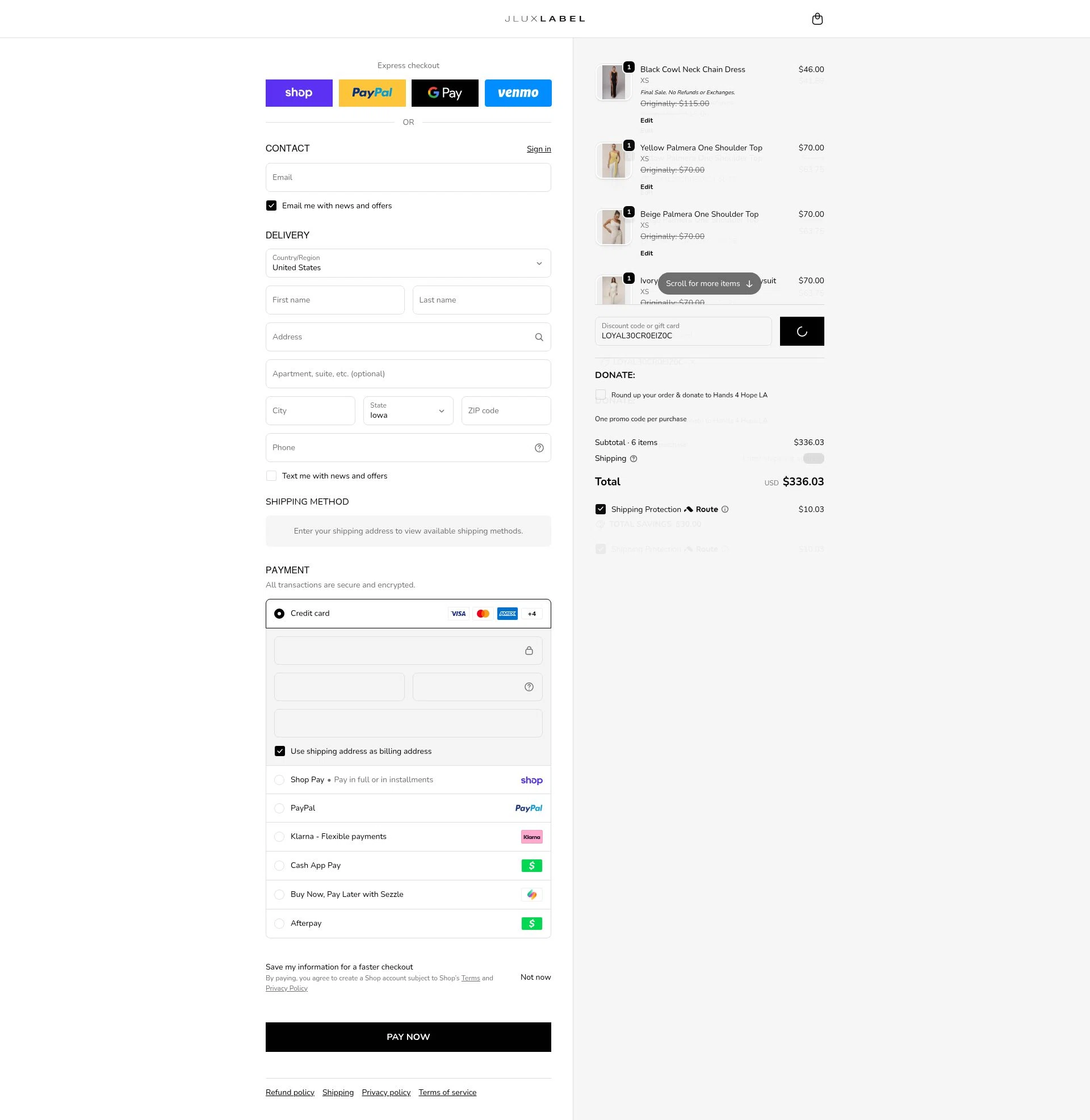 Jlux Label checkout page showing Jlux Label coupon code box | Screenshot taken by SimplyCodes community member on Feb 15, 2026