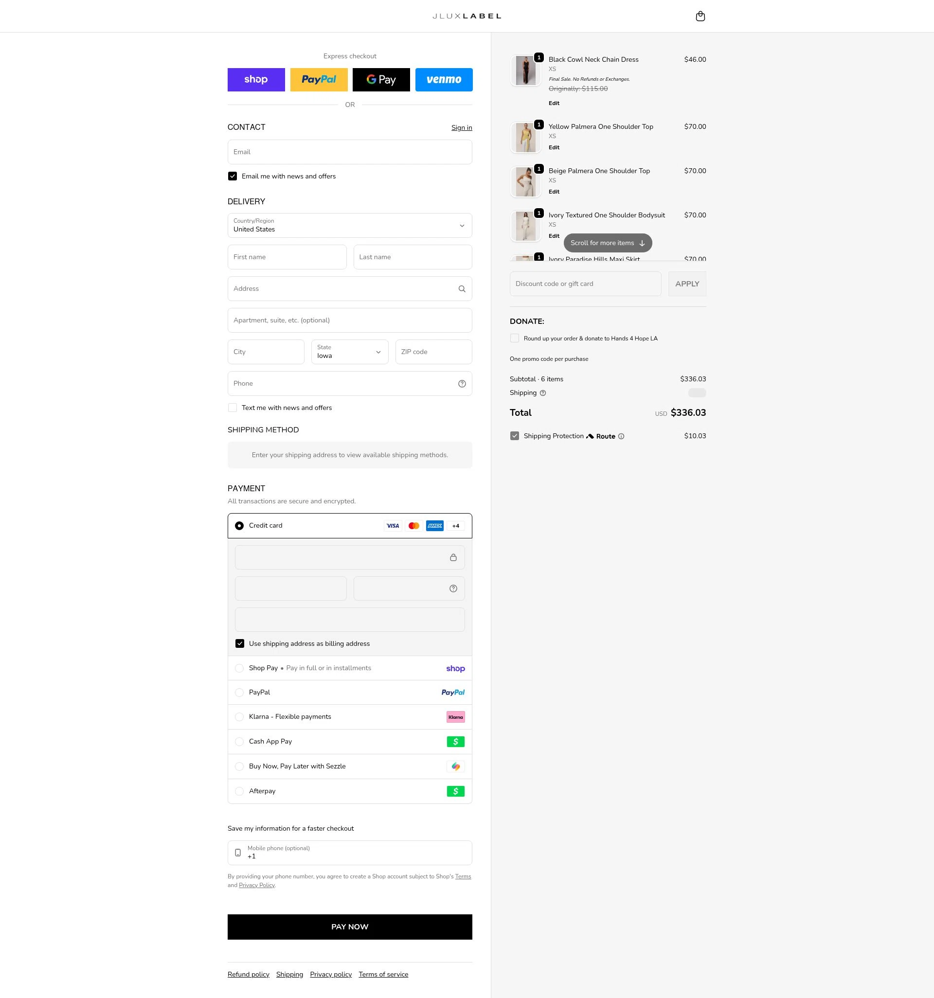 Jlux Label checkout page showing Jlux Label coupon code box | Screenshot taken by SimplyCodes community member on Feb 13, 2026