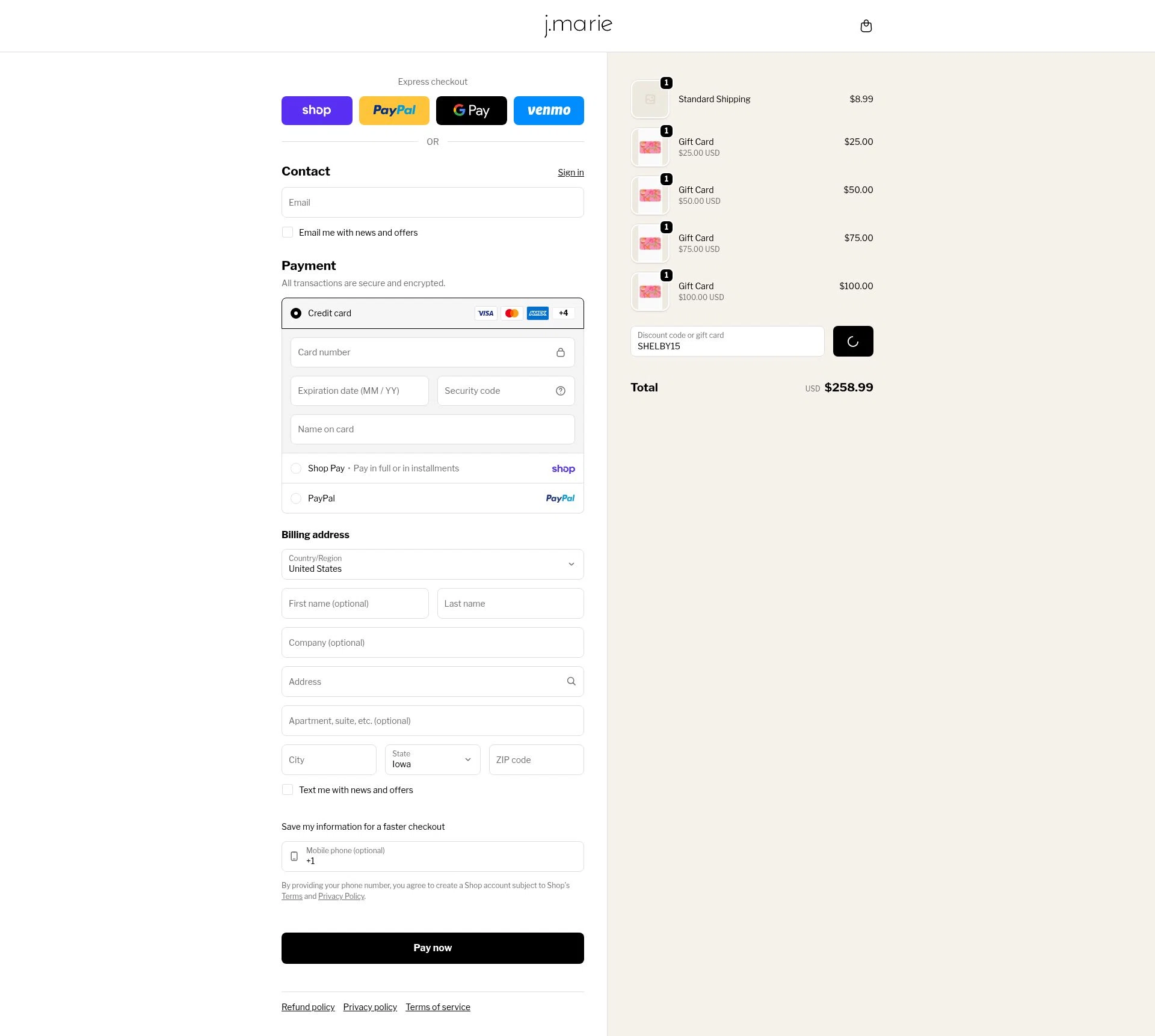 J. Marie Collections checkout page showing J. Marie Collections promo code box | Screenshot taken by SimplyCodes community member on Feb 17, 2026