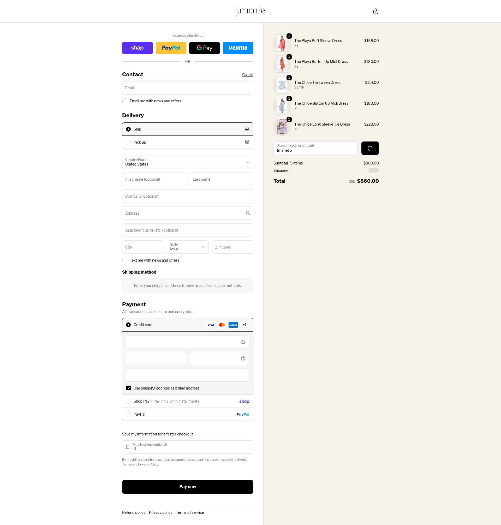 J. Marie Collections checkout page showing J. Marie Collections promo code box | Screenshot taken by SimplyCodes community member on Feb 13, 2026