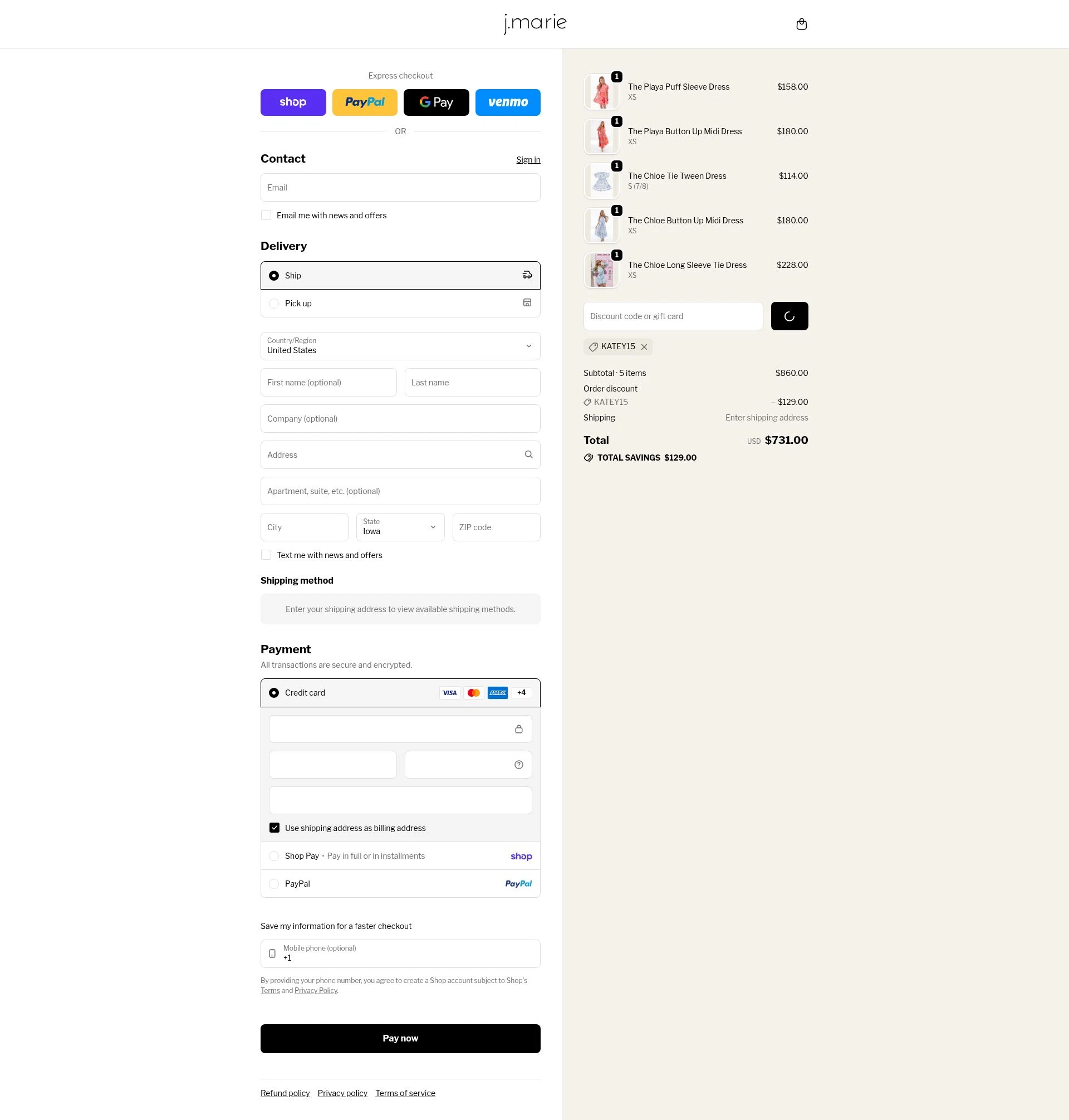 J. Marie Collections checkout page showing J. Marie Collections promo code box | Screenshot taken by SimplyCodes community member on Feb 13, 2026